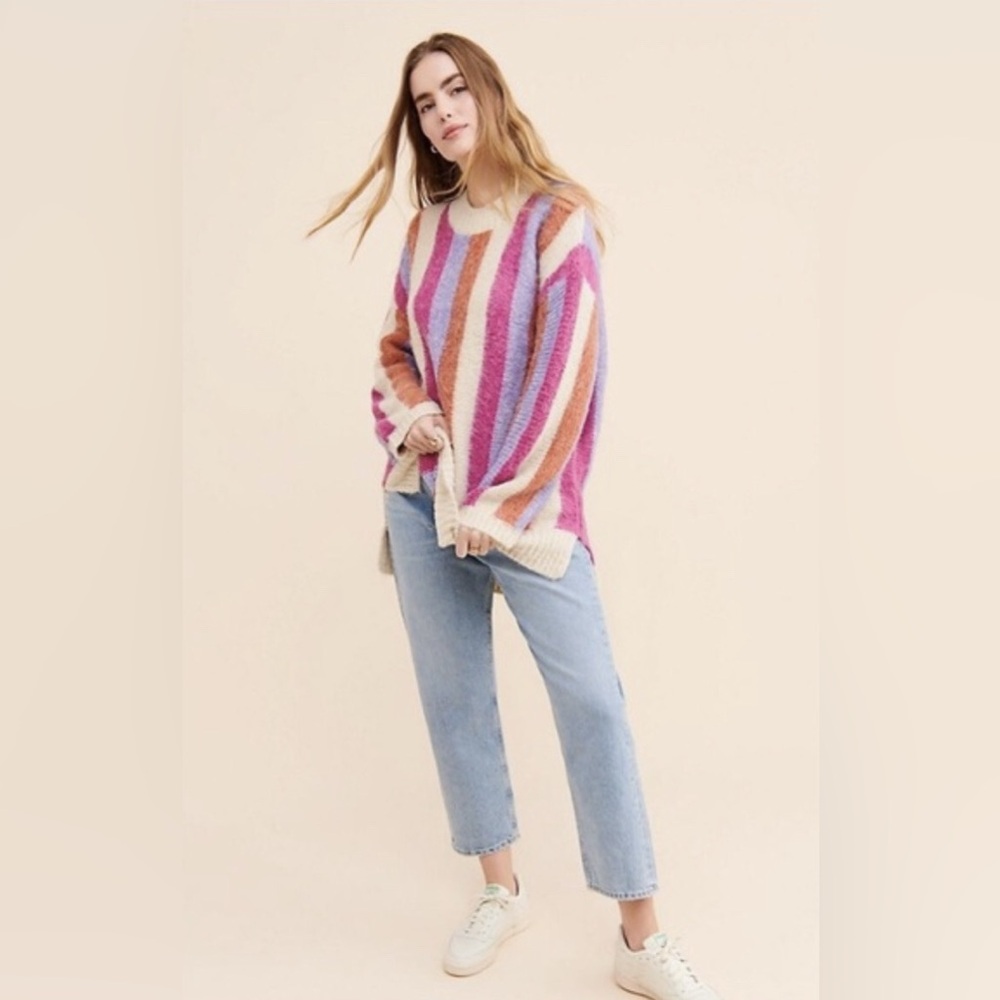 Anthropologie Moon River Striped Hi Lo Pullover Sweater In Violet Multi